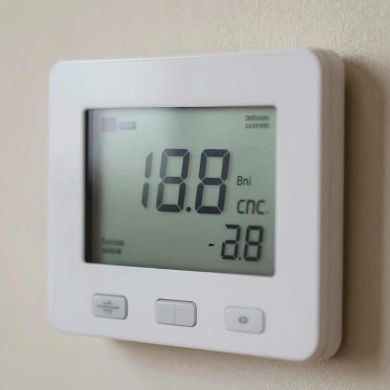 A close-up of a digital thermostat set to a cool temperature, reflecting a comfortable indoor climate.