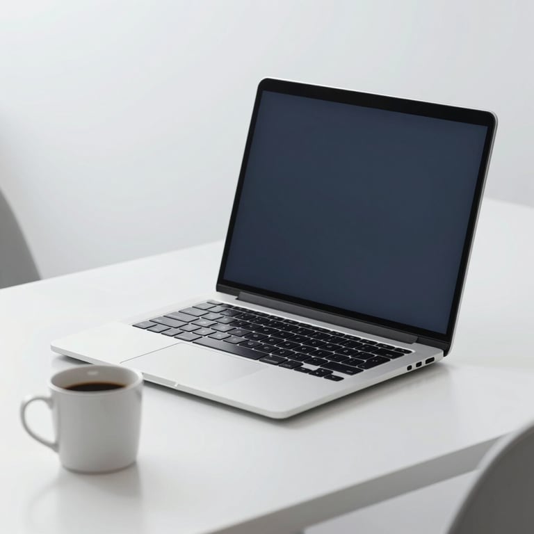 A sleek, modern laptop on a clean white desk with a coffee mug, reflecting a professional and efficient workspace, using #F0EAD6 lighting.