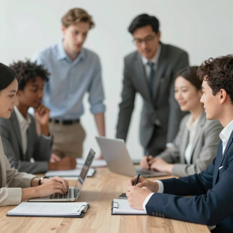 A group of diverse professionals in a collaborative meeting, blurred background, conveying a sense of teamwork and trust.