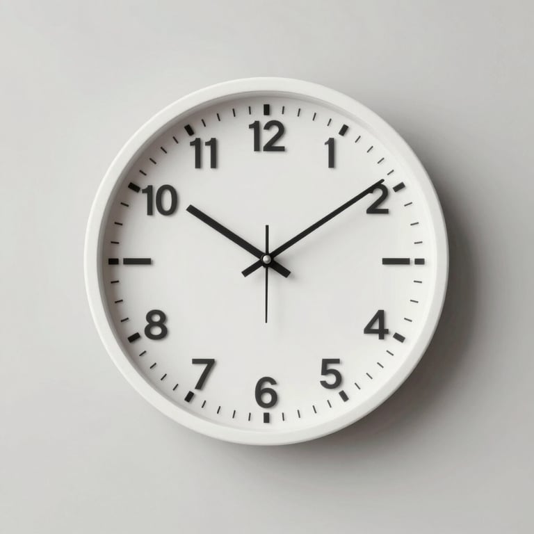 A minimalist clock on a neutral wall, emphasizing punctuality and the efficiency of the Pascx atendimento service.