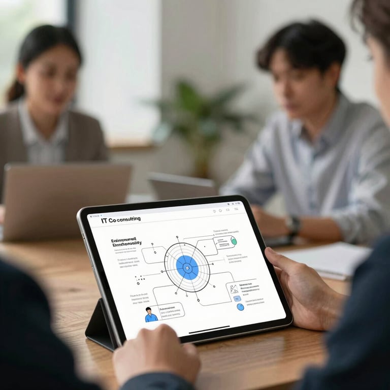 Professional IT consulting session with technical diagrams visible on a tablet screen.