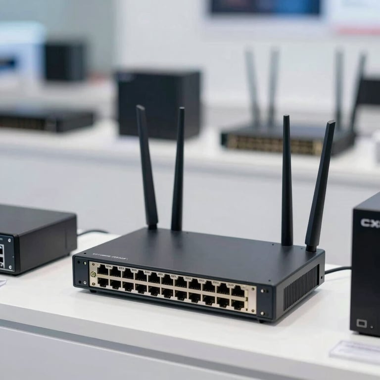 Set of high-speed network routers and accessories displayed in a retail showcase.