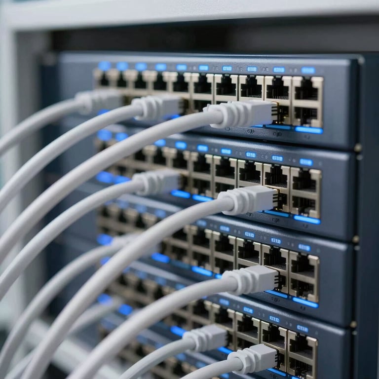 Modern rack-mounted network switch with Ethernet cables organized perfectly, featuring blue light accents.