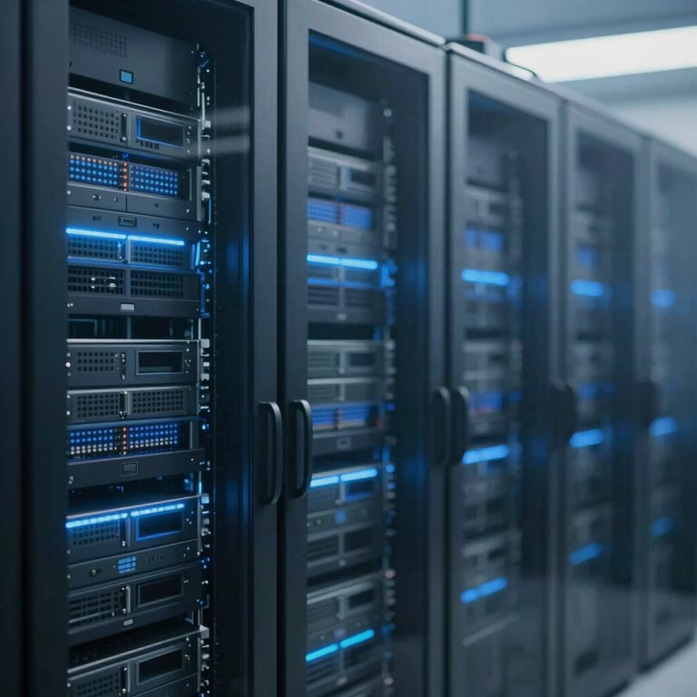 A cluster of servers in a data center with blue ambient lighting reflecting off glass panels.