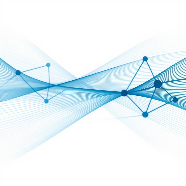 Abstract visualization of data flowing through network nodes in brand colors #60A5FA and #1F4A6D.