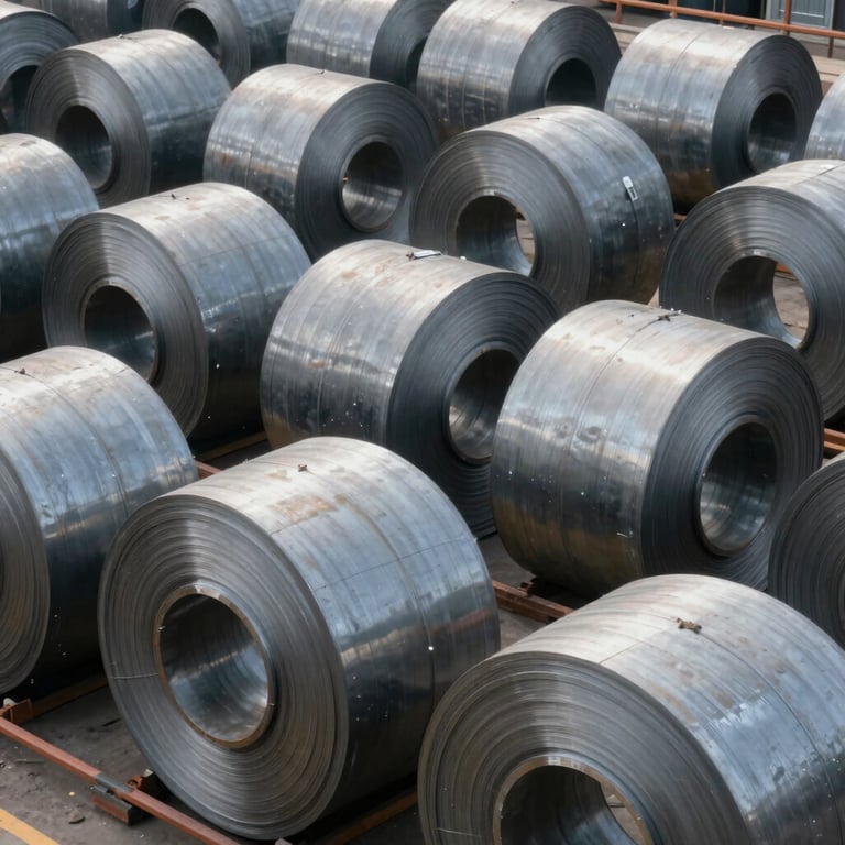 A view of massive steel coils in a transport yard, professional photography with a focus on scale and reliability.