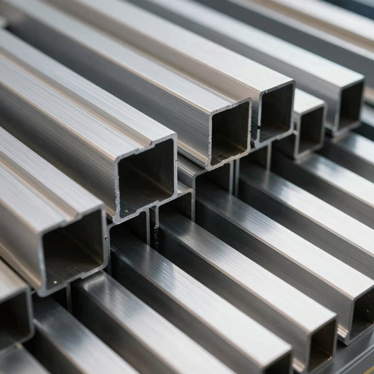 Sleek aluminum extrusions arranged in a geometric pattern, showcasing product diversity and modern manufacturing quality.
