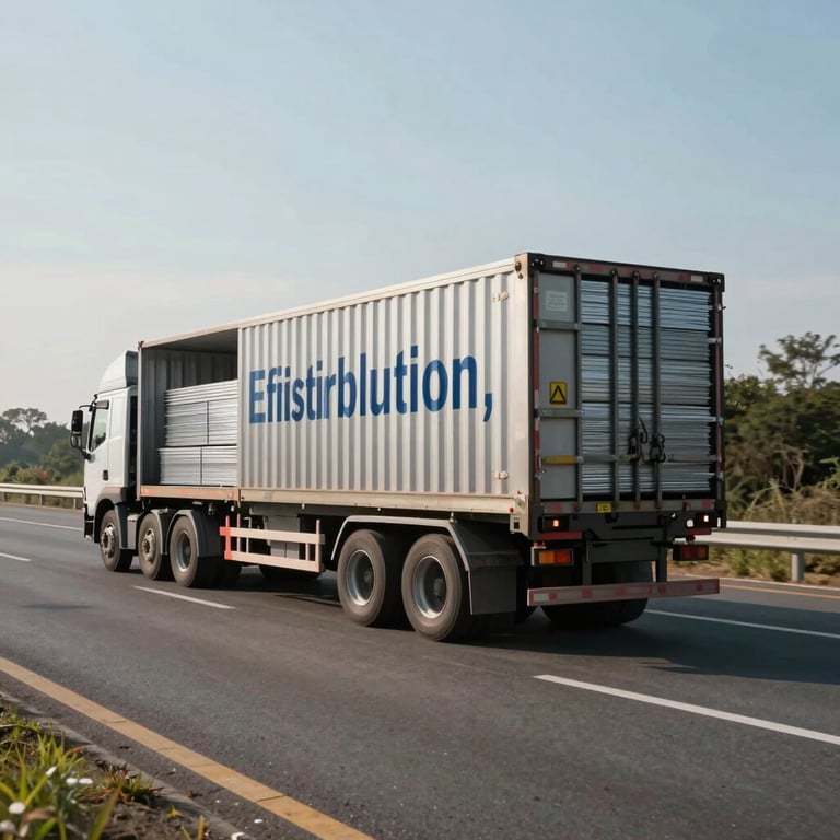 A wide shot of a logistics truck transporting bulk metal materials on a modern highway, symbolizing efficient distribution.