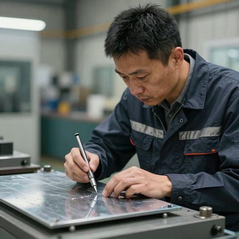 An industrial expert in professional attire inspecting the quality of a metal plate using precision tools, Global / Industrial B2B.
