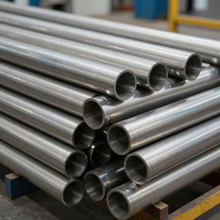 A close-up of high-quality stainless steel pipes stacked neatly in an industrial facility, clean lighting, Global / Industrial B2B.