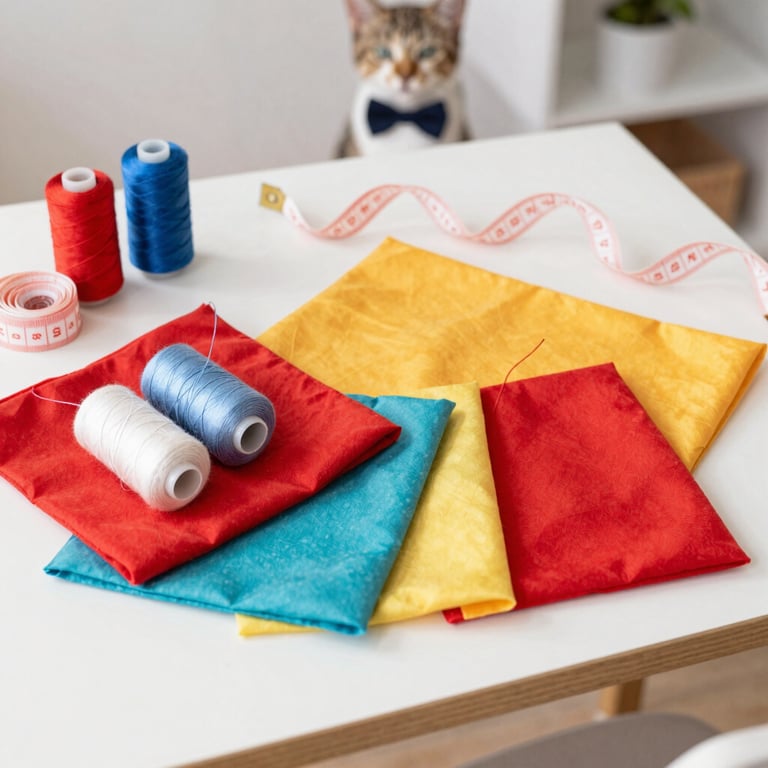 Cuadrados de tela de colores y carretes de hilo sobre una mesa con un gato al fondo.