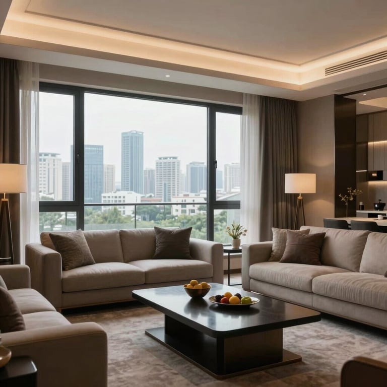 Interior shot of a contemporary residential living room with elegant furniture and large windows overlooking Noida's skyline.