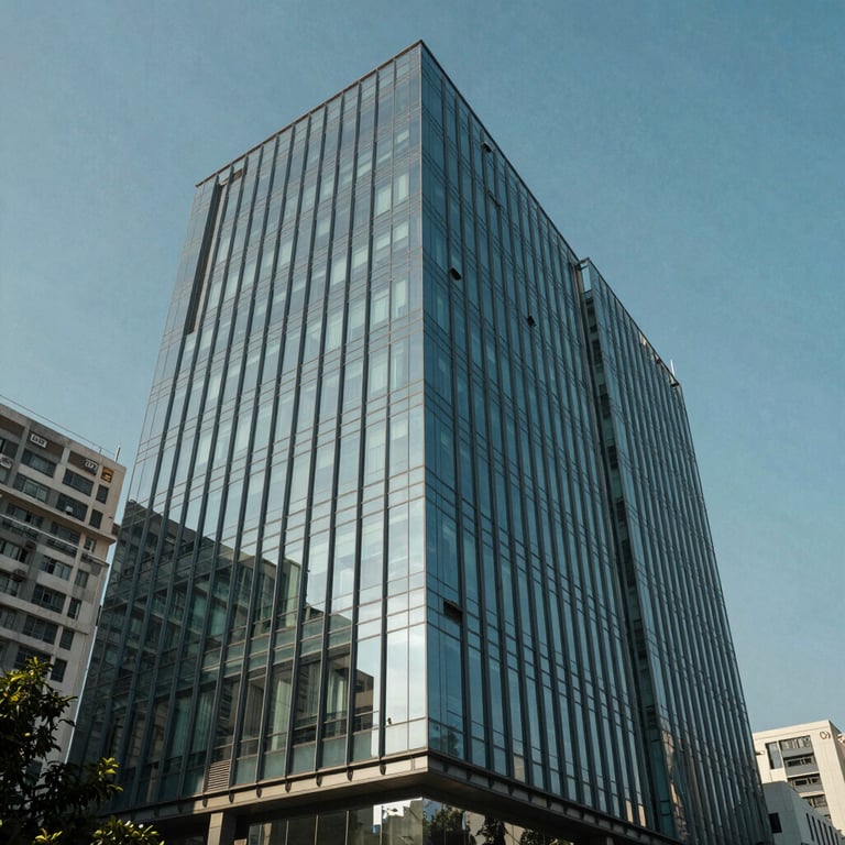 An exterior view of a modern glass-fronted commercial building in a prime Noida business district under a clear blue sky.