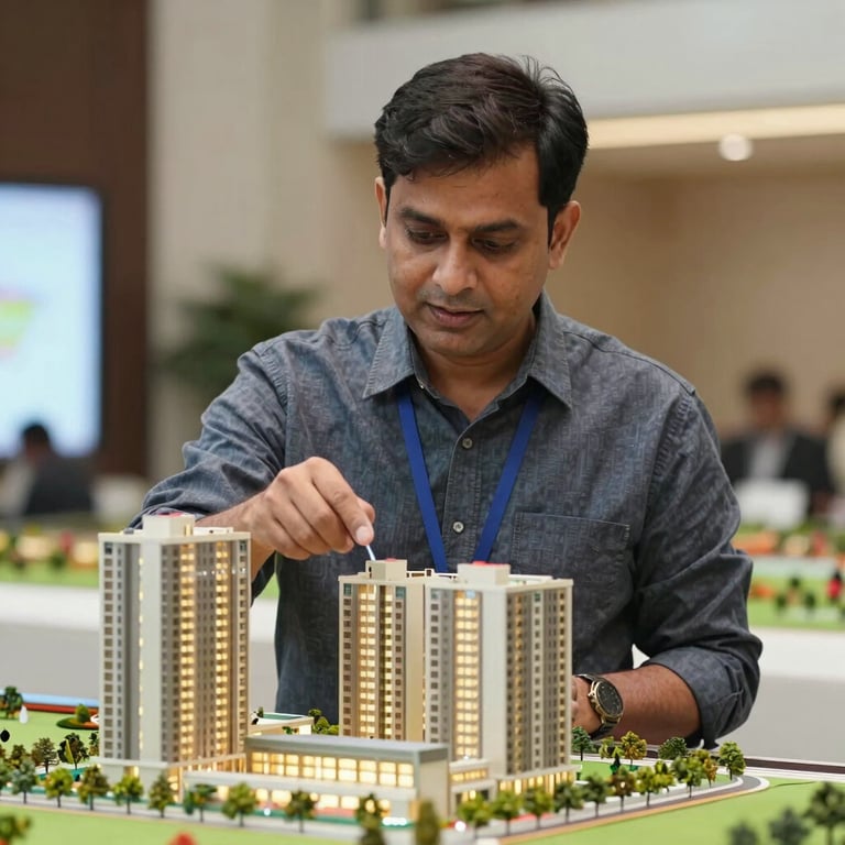 A professional South Asian / Indian male consultant pointing at a scale model of a new commercial development project.