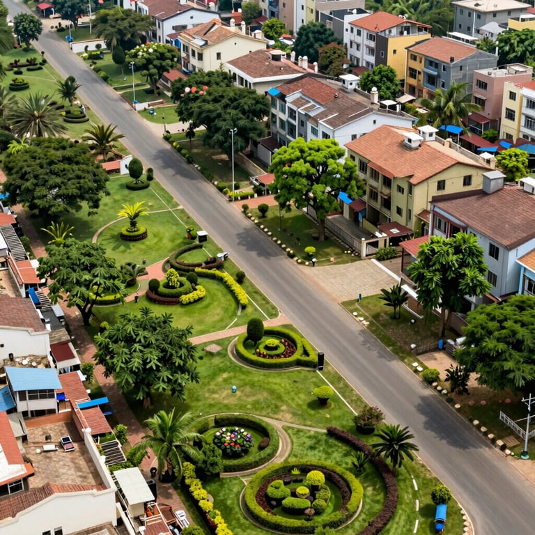 A wide shot of a neatly planned residential colony in Noida with paved roads and lush green parks.