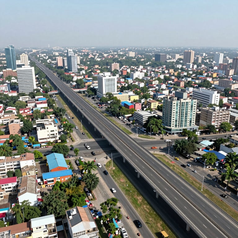 A bright, aerial view of the Noida-Greater Noida Expressway, showcasing urban development and infrastructure growth.