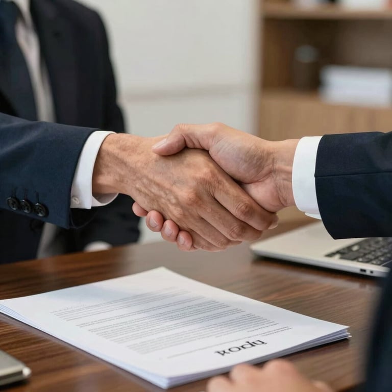 A close-up photograph of a handshake between a real estate consultant and a client in a professional Noida office, with a property contract on the desk.