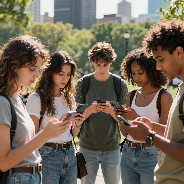 A group of diverse friends in a North American / US city park, all staying connected using their mobile smartphones in vibrant sunlight.