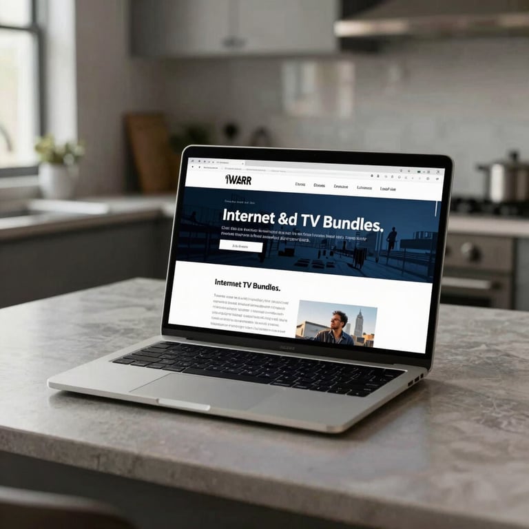 A sleek laptop on a kitchen counter in a modern North American / US home, displaying a website comparing internet and TV bundles.