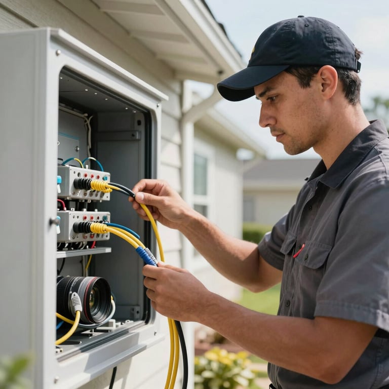 A service technician in a professional uniform at a North American / US residence, installing a high-speed fiber optic cable line during a clear day.