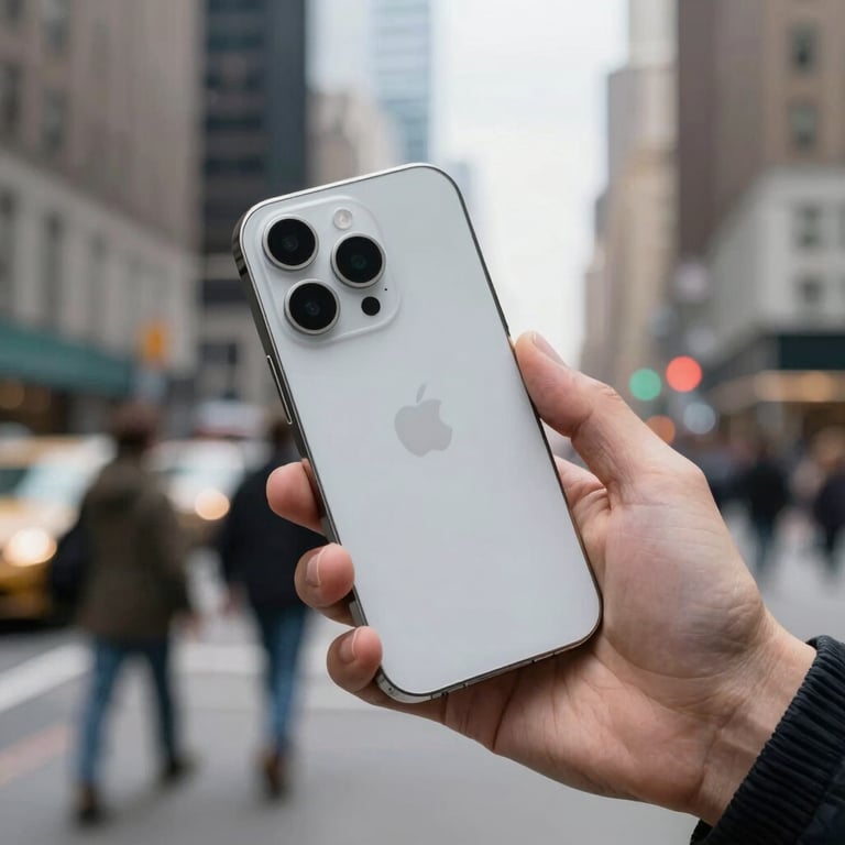 Close-up of a person's hand holding a high-end smartphone in a busy North American / US urban center, with a soft-focus city background.