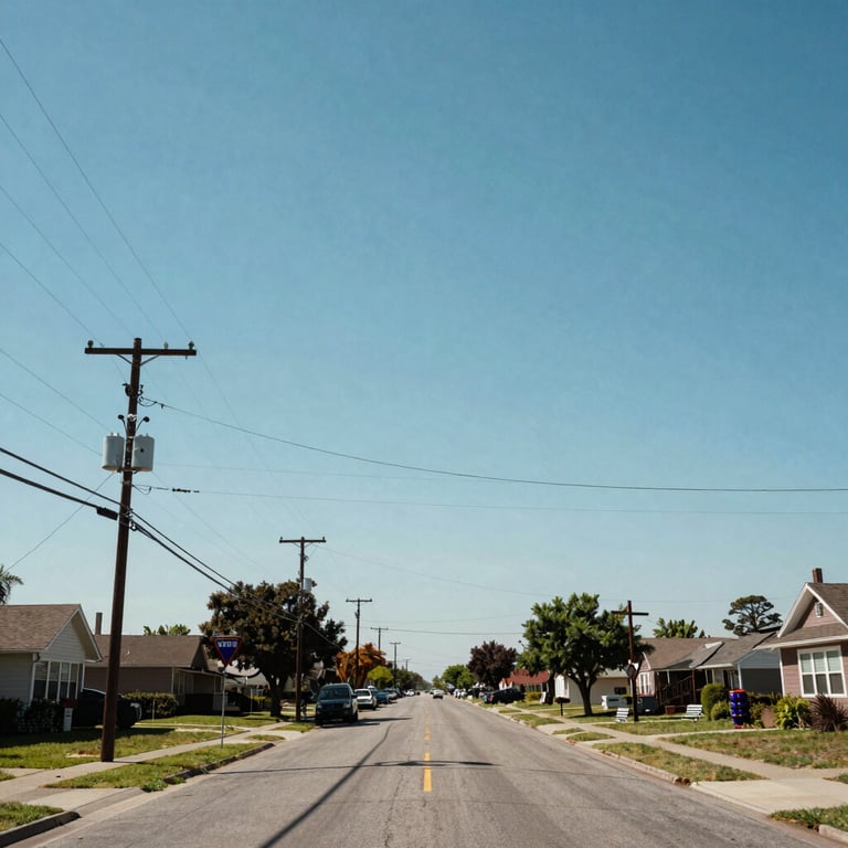 A wide shot of a North American / US suburban street with utility lines against a clear Sky Blue horizon, representing network reach.