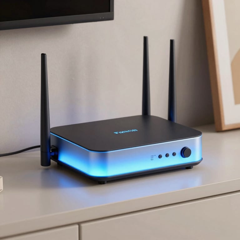 A modern high-speed internet router glowing with a soft Sky Blue light on a clean shelf in a North American / US home setting.