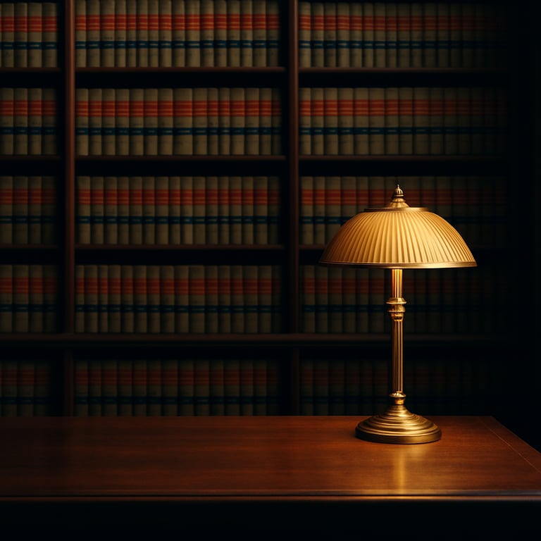 A legal library with shelves of law books and a single gold-shaded lamp on a dark wood desk.