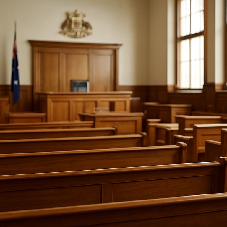 Soft-focus background of an Australian courtroom with wooden benches and bright natural light.