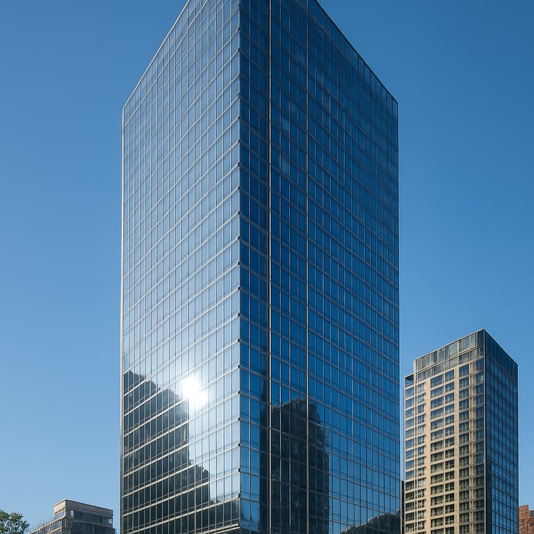 External view of a modern glass skyscraper in an Australian city under a clear blue sky.