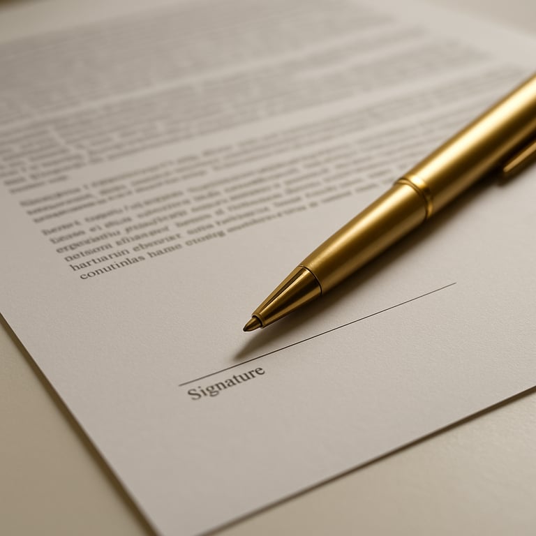 Close-up of a signed legal contract on a white desk with a gold pen, premium Australian legal office style.