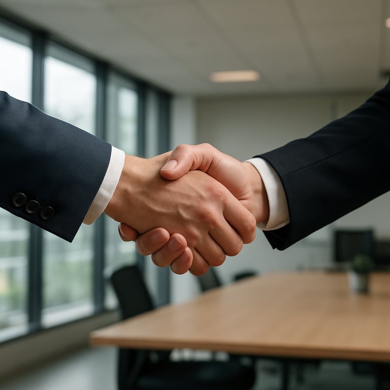 A handshake between two professionals in business attire, clean modern Australian office setting.