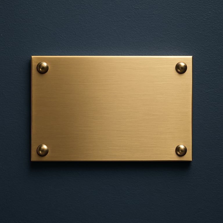 A professional nameplate made of brass on a navy blue wall, minimalist and authoritative Australian legal design.