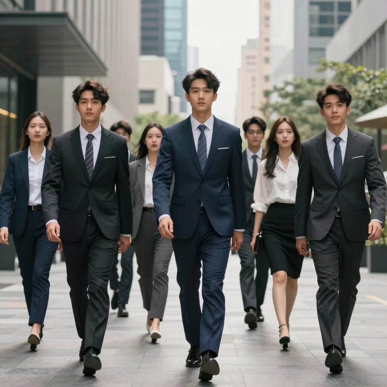 A group of young adults in professional attire walking through a modern North American / US city plaza, representing leadership and readiness.