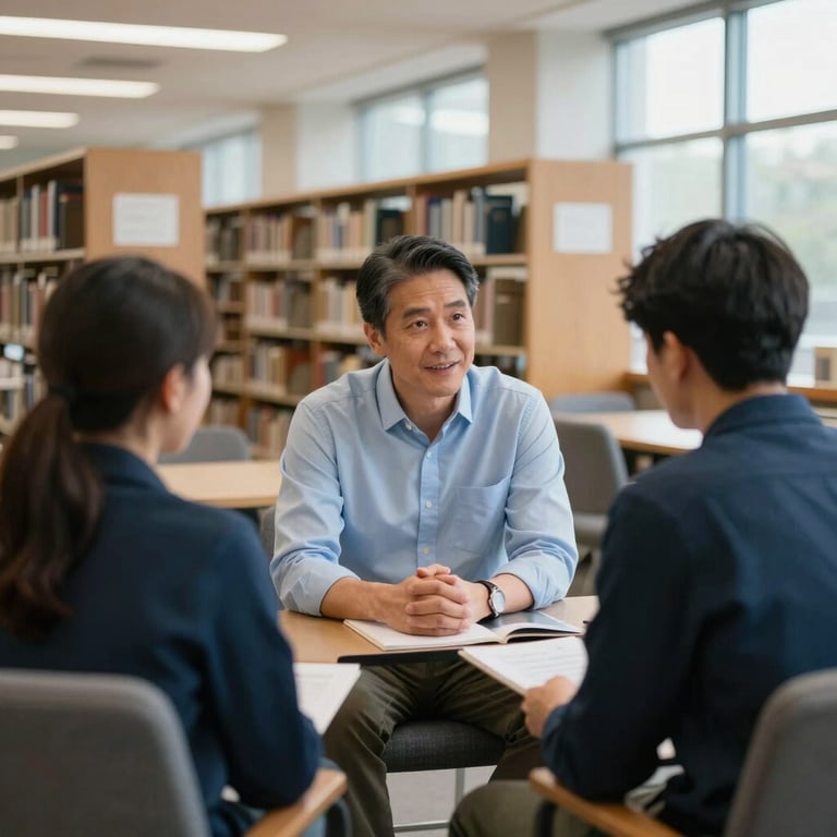 A mentorship session between two people in a bright North American / US library, with Pale Mist Blue and Deep Charcoal Blue accents in the environment.