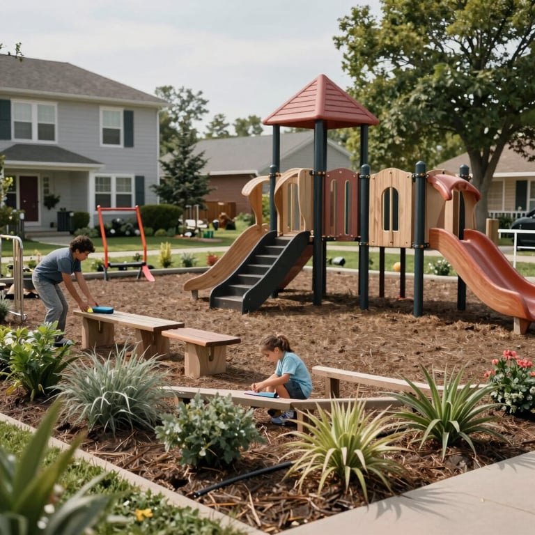 A wide shot of a community-built project, like a modern playground or garden, in a North American / US neighborhood, showing the result of direct assistance.