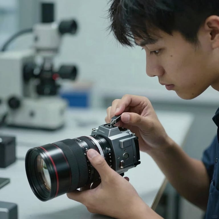 A focused close-up of a student in a North American / US technical workshop, lit with soft Steel Blue tones, symbolizing skill development.