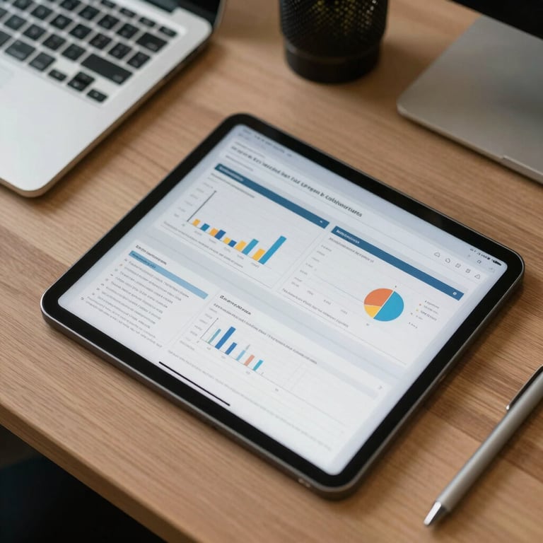 An overhead shot of an organized desk with a digital tablet showing clean data charts, reflecting performance-driven programs in a North American / US office.