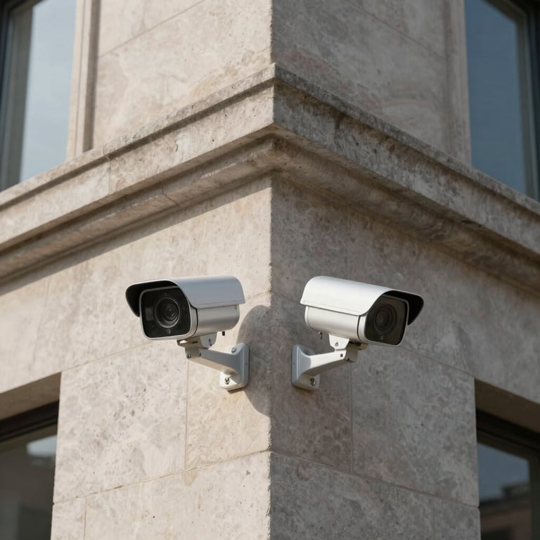 Professional installation of a modern, sleek CCTV security camera on the corner of a contemporary stone building.