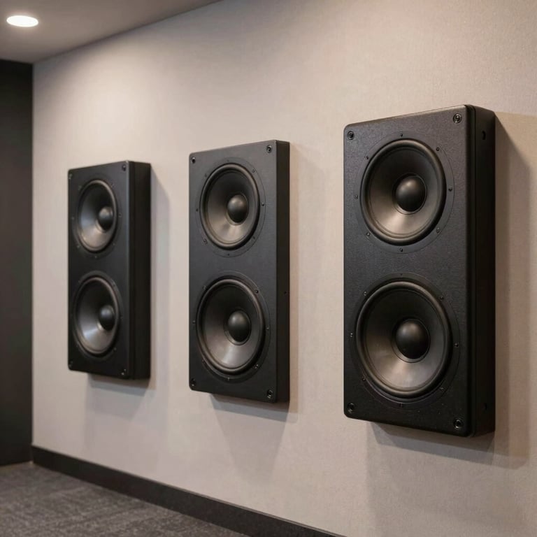 A high-end home theater room with professional audio speakers integrated into a minimalist wall design, soft lighting.