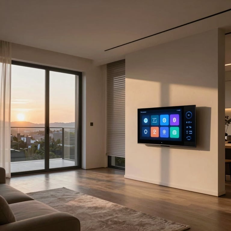 A wide angle view of a completed luxury smart home living area with automated blinds and integrated technology at sunset.