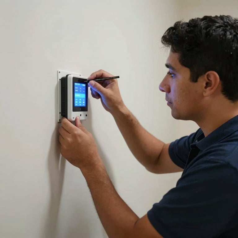 A technician in a Latin American / Spanish-speaking setting precisely installing smart lighting controls into a wall panel.