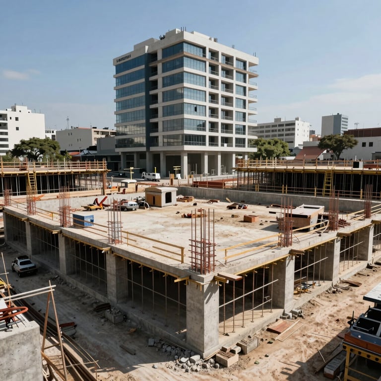 A wide shot of a concrete foundation construction site for a modern building in a Latin American / Spanish-speaking city, daytime with bright sunlight.