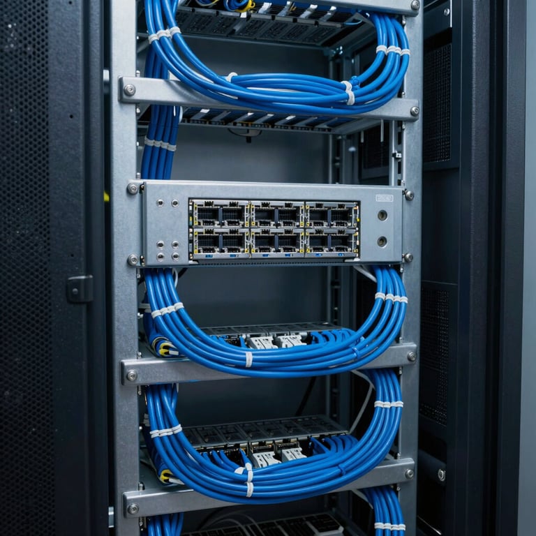 Detailed photography of neat network server cabling in deep ocean blue and steel blue inside a professional IT infrastructure rack.