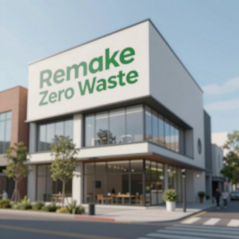 A modern commercial building with 'Remake Zero Waste' branding, showcasing a clean and professional eco-friendly business presence.