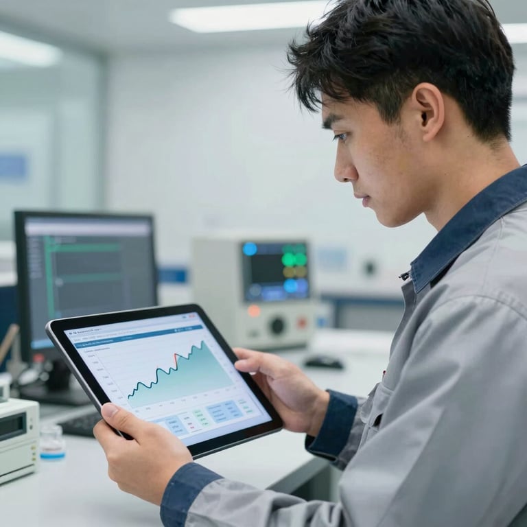 A technician in professional safety gear looking at a tablet displaying carbon emission graphs, highlighting a trustworthy, data-driven approach.