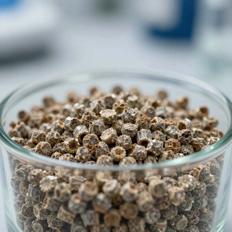 A close-up of high-quality renewable fuel pellets stored in a glass container, shot in a professional laboratory setting with #4F7E6B accents.