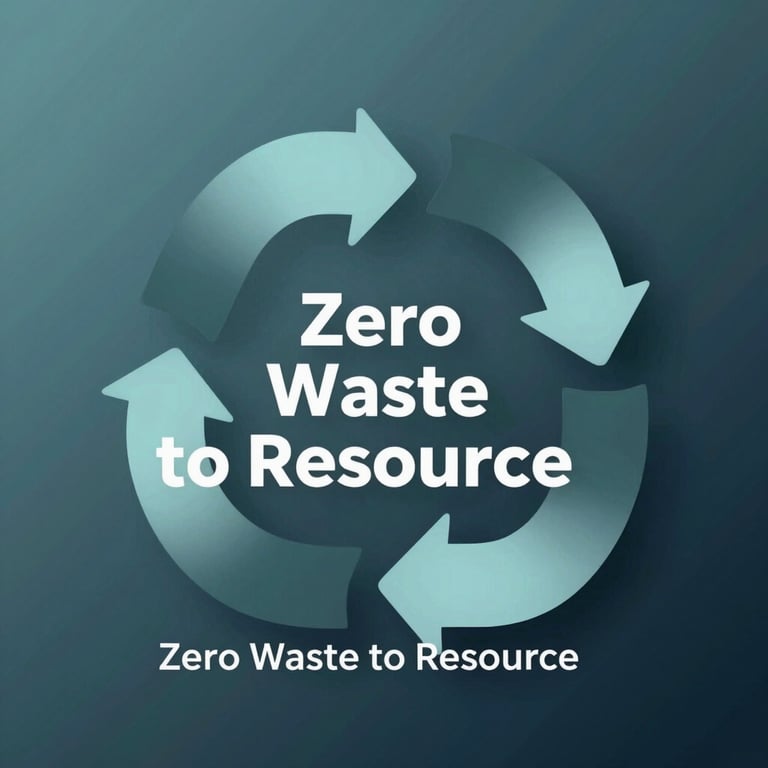 Abstract visualization of the 'Zero Waste to Resource' cycle using 3D shapes in #B0C8BE and #4F7E6B colors.