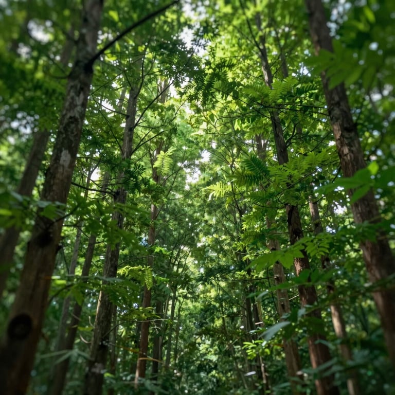 A vibrant green forest canopy representing the environmental impact of carbon reduction, with a clean, modern photographic style.