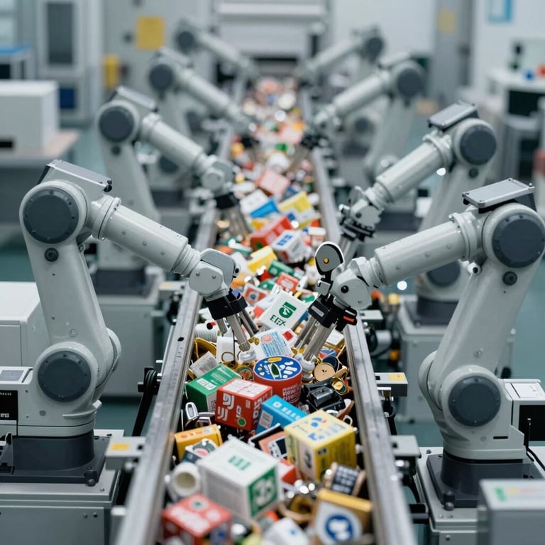 An overhead view of an automated sorting line using robotic arms to separate recyclables, emphasizing tech-driven efficiency and #1B3A32 tones.